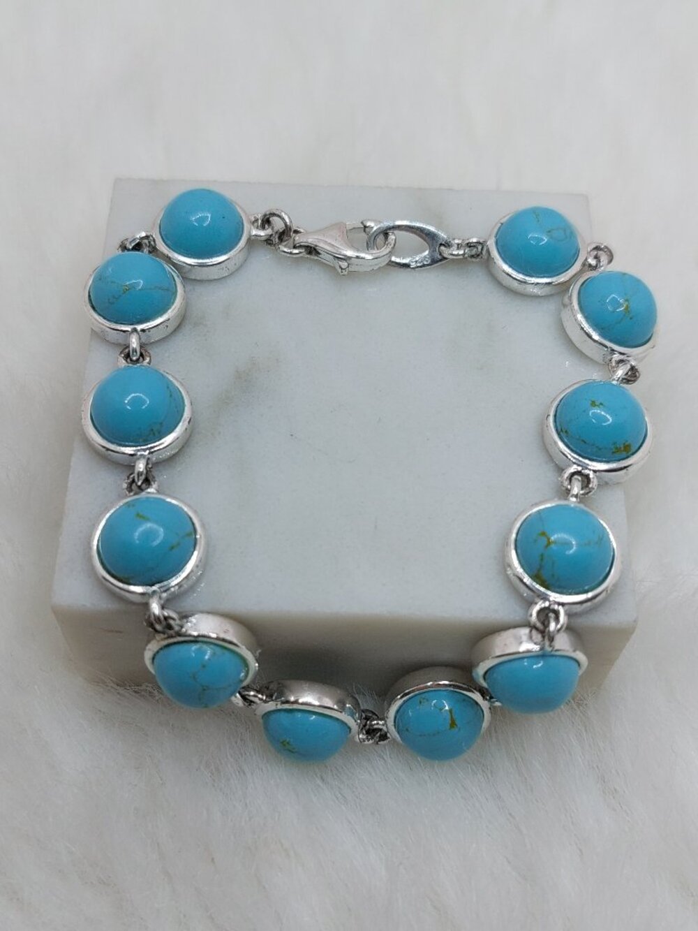 925 Sterling Silver Blue Turquoise Cabochon Tennis Bracelet